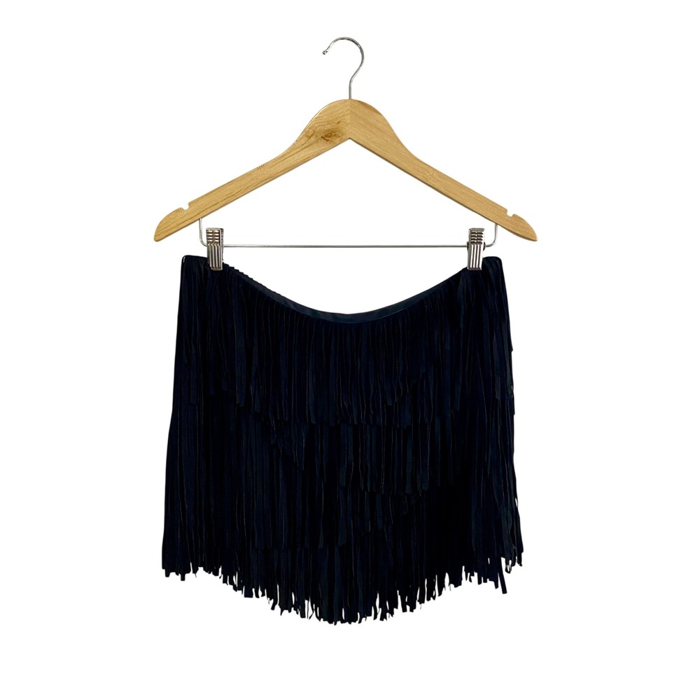 NWT Haute Hippie Suede Fringe‎ Mini Skirt S $565 Black Silk Lined Western Boho